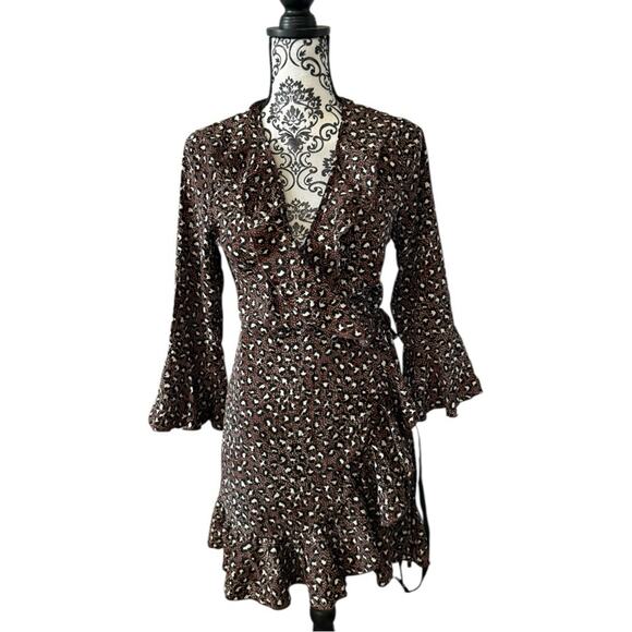 PrettyLittleThing Brown Polka Dot Leopard Print Frilly Wrap Ruffled Dress sz 6 - Picture 2 of 14